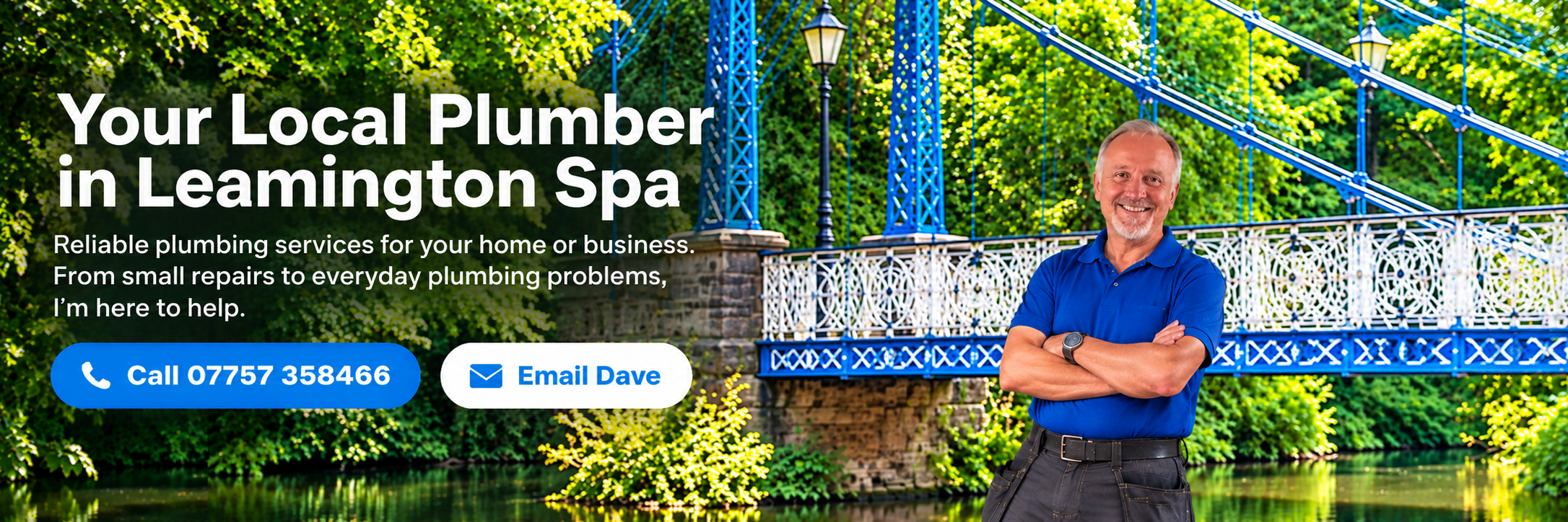 Dave Bates, local Leamington Spa plumber, with Mill Bridge in the background